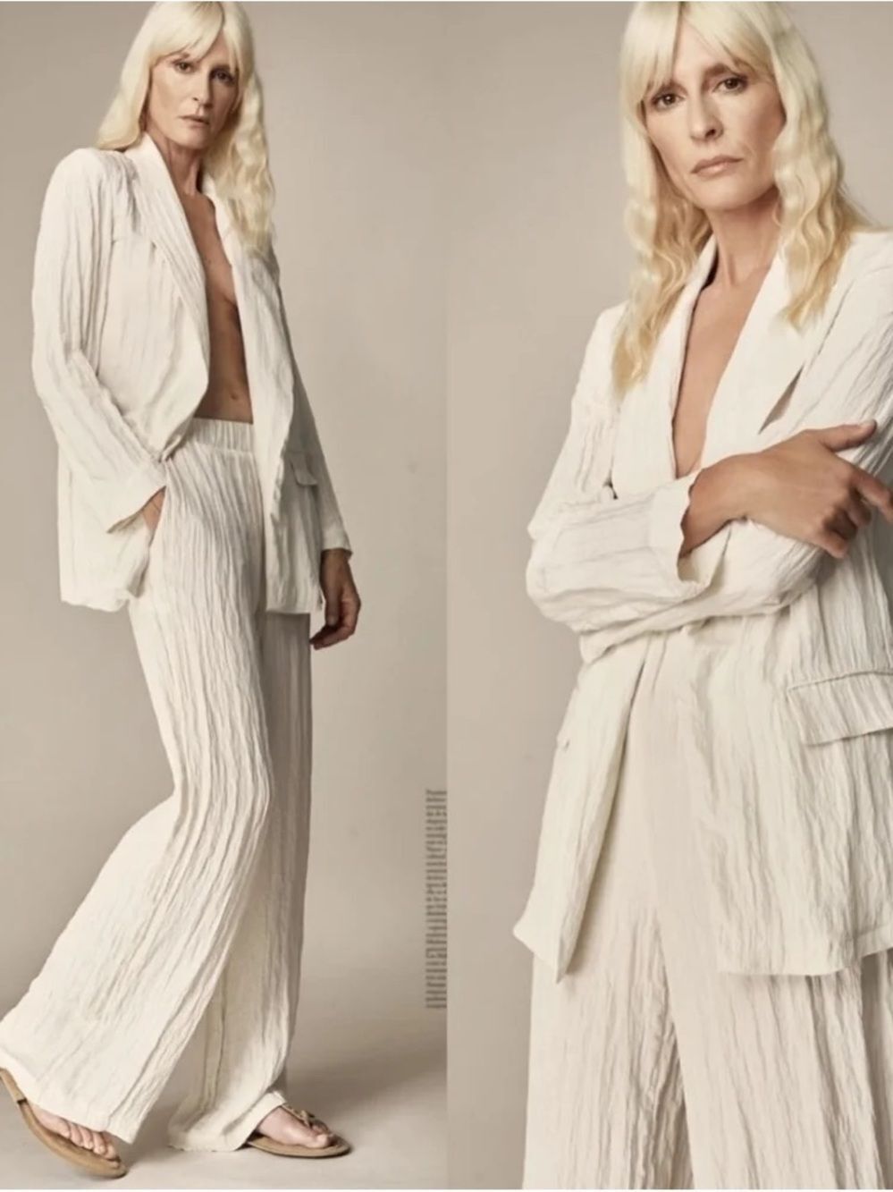 Zara Ivory Solid Shawl Lapel Long Sleeve 2-Piece Pant Suit Set Size L